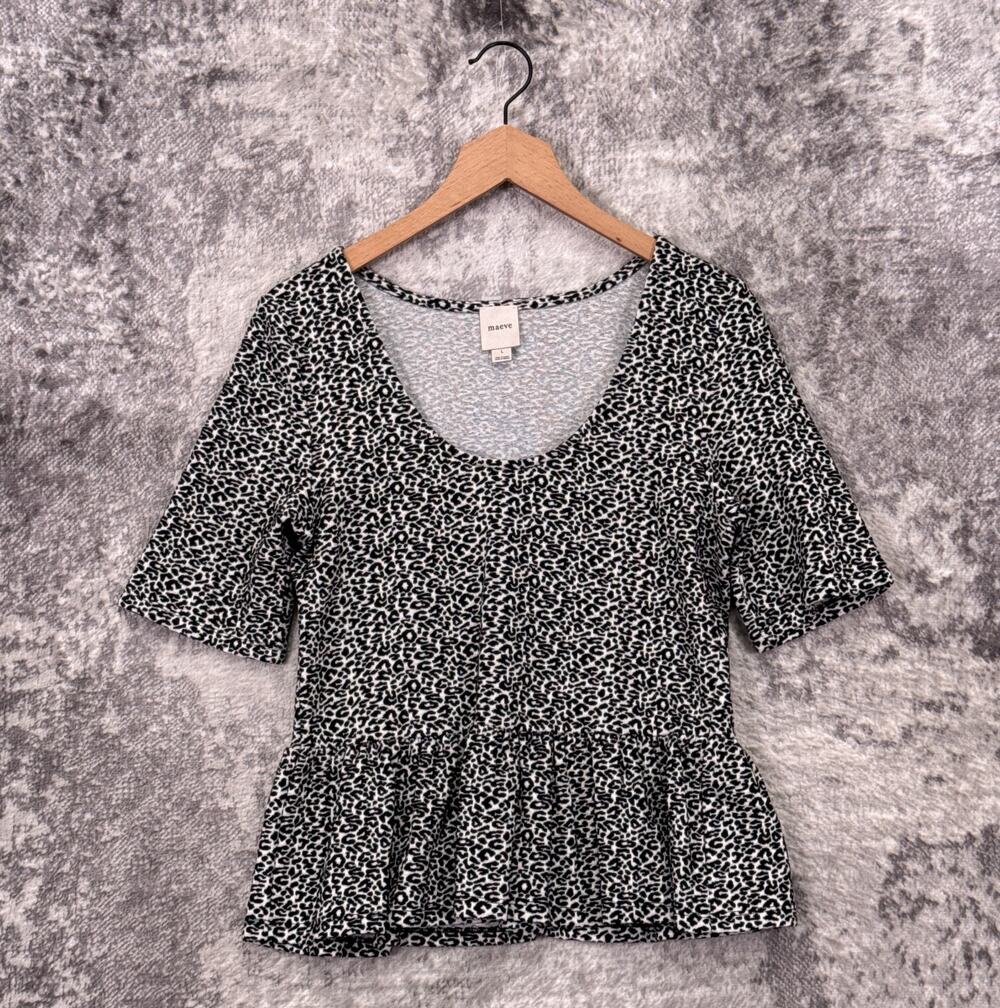 Anthropologie Top Large Womens Maeve Stretch Knit Leopard Peplum Scoop Neck